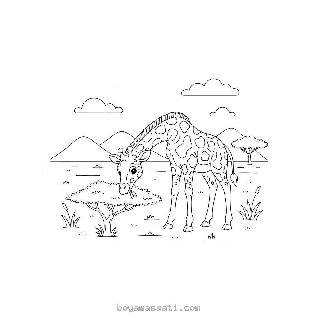 Afrika'da otlayan zürafa boyama sayfası