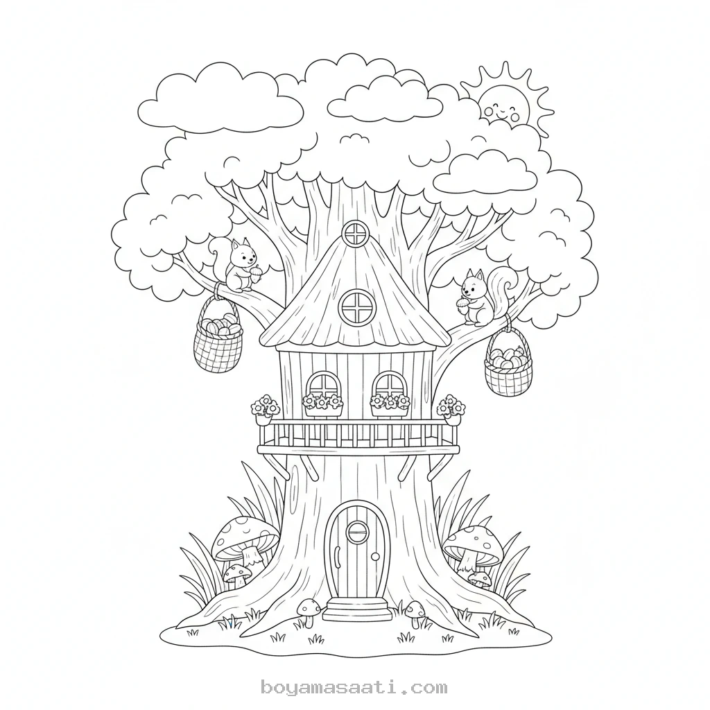 Minik sincabın ağaç evi boyama sayfası