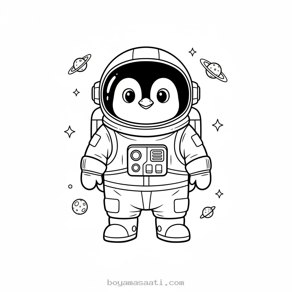 Astronot Giysili Penguen Uzayda Boyama Sayfası