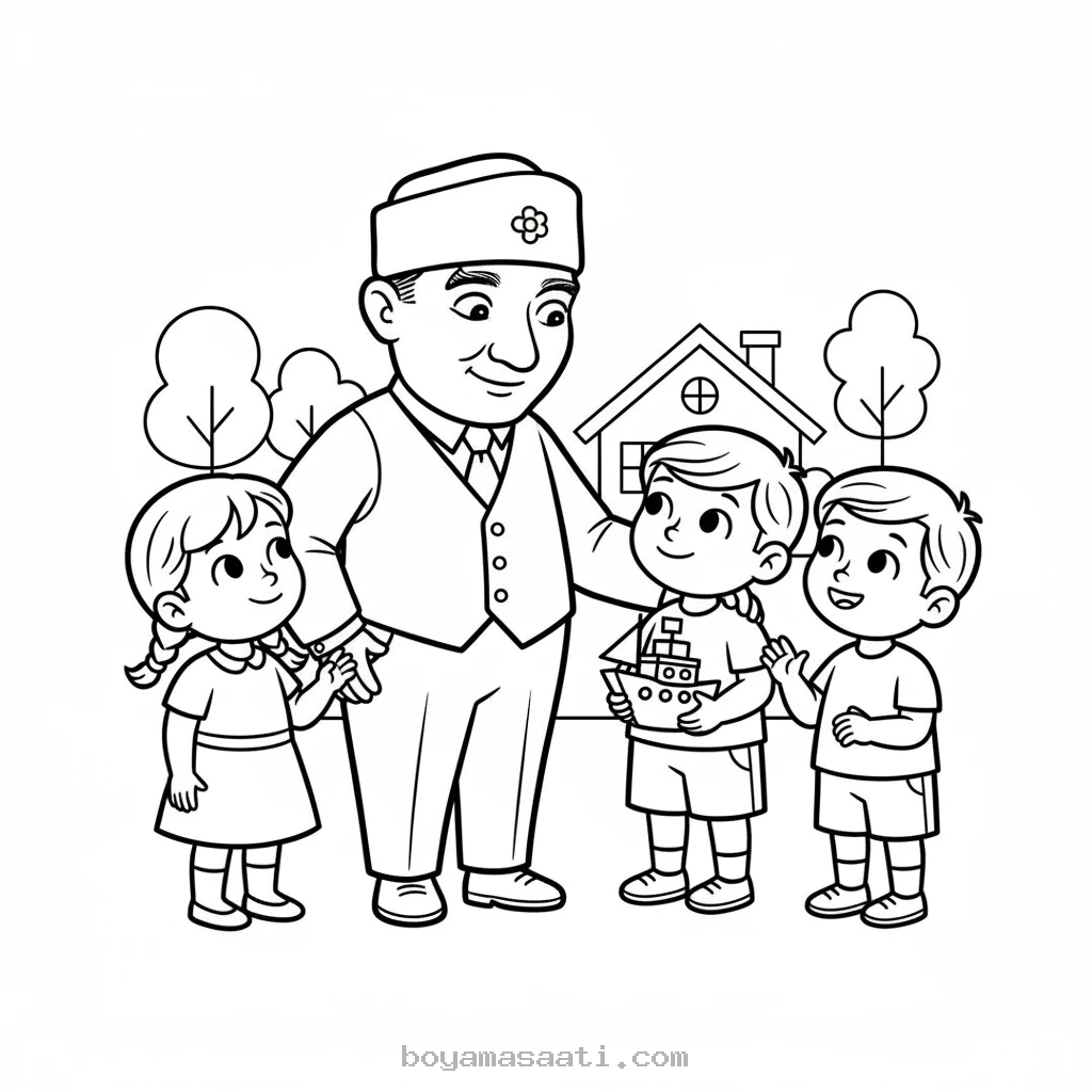 Atatürk çocuklarla konuşuyor boyama sayfası