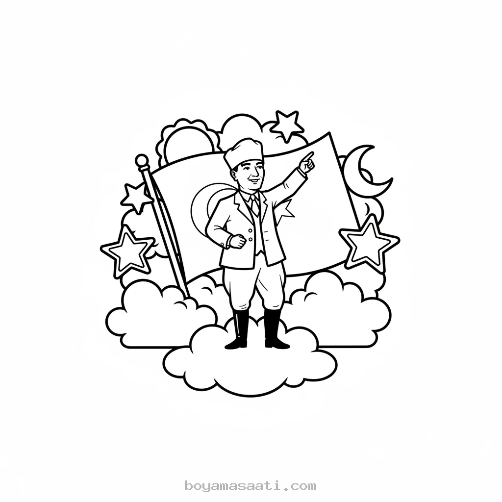 Atatürk ve çocuklar gökyüzüne bakıyor boyama sayfası