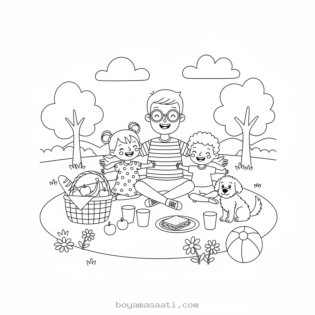Babalar Günü pikniği yapan aile boyama sayfası