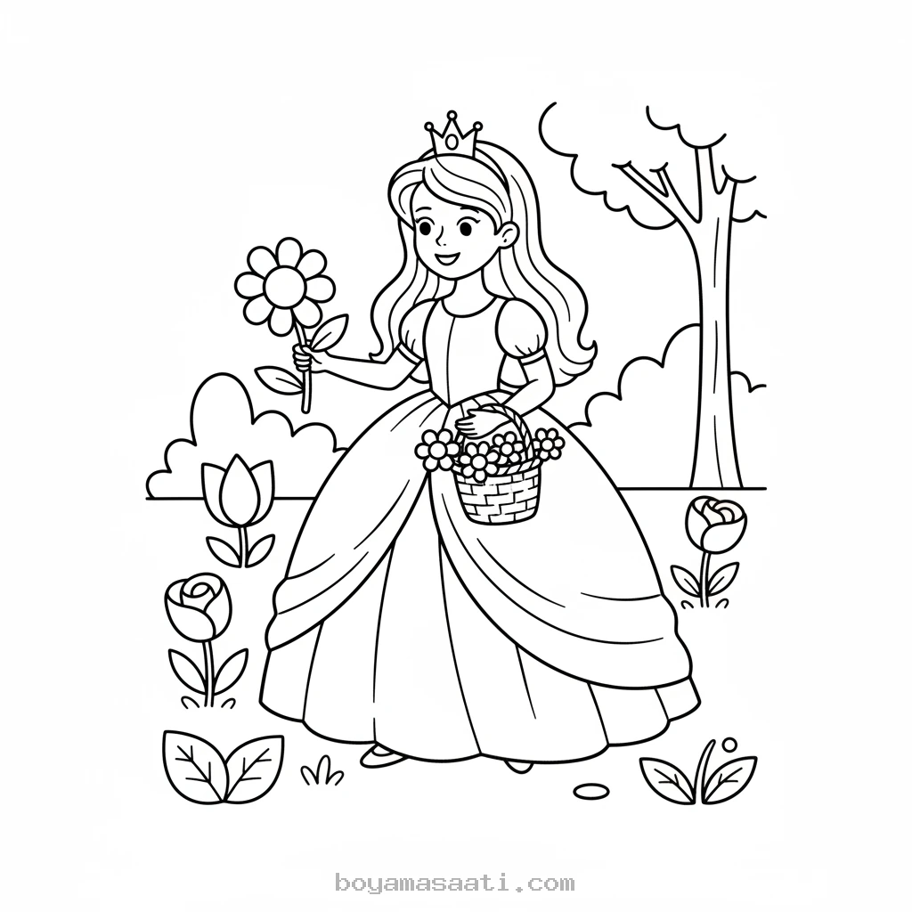 Bahçede çiçek toplayan prenses boyama sayfası