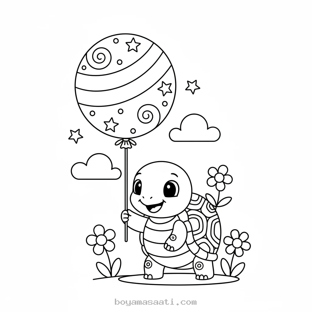 Balon Tutan Minik Kaplumbağa Boyama Sayfası