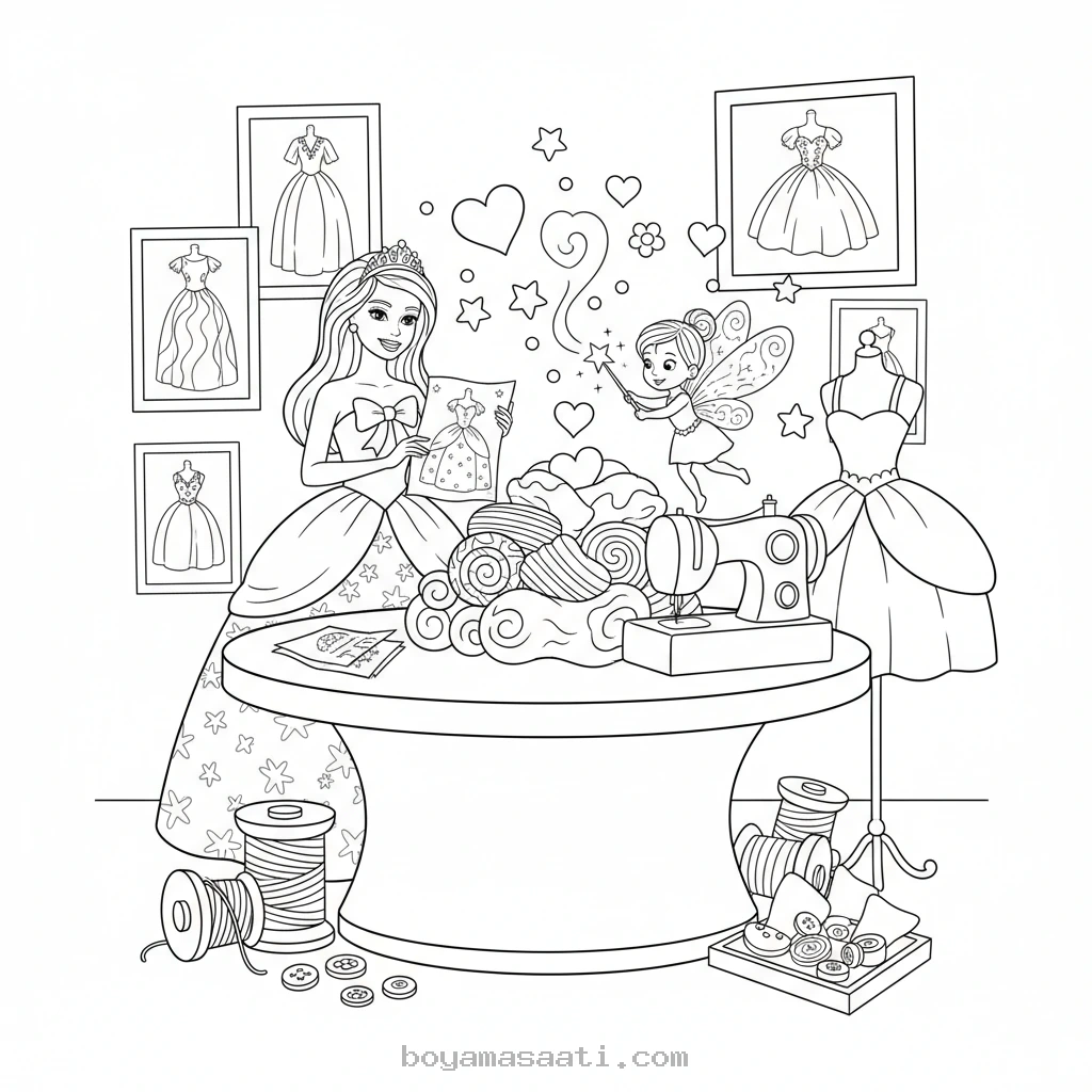 Barbie büyülü moda atölyesi boyama sayfası