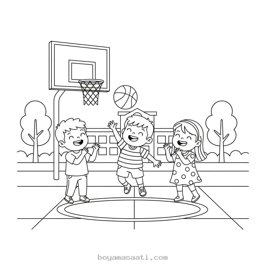 Okul bahçesinde basketbol oynayan çocuk boyama sayfası