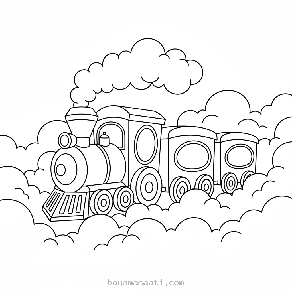 Bulutların arasından süzülen tren boyama sayfası