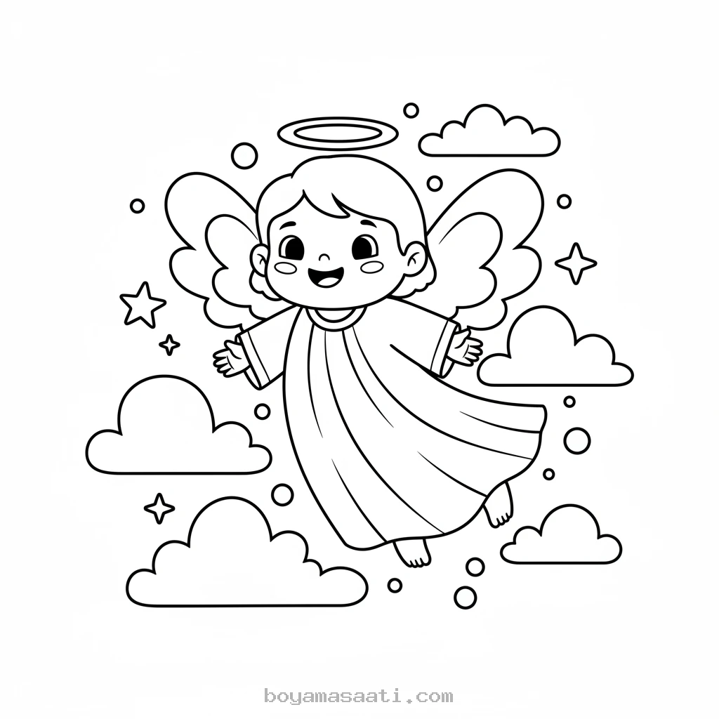 Bulutların üstünde huzurlu melek boyama sayfası