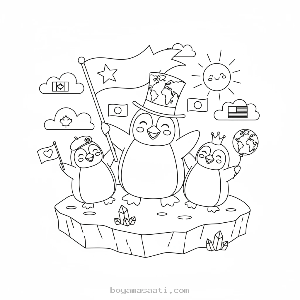 Buzda Kayak Yapan Neşeli Penguenler Boyama Sayfası