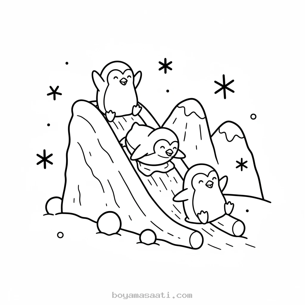 Buzdan kaydırağında kayan penguen boyama sayfası