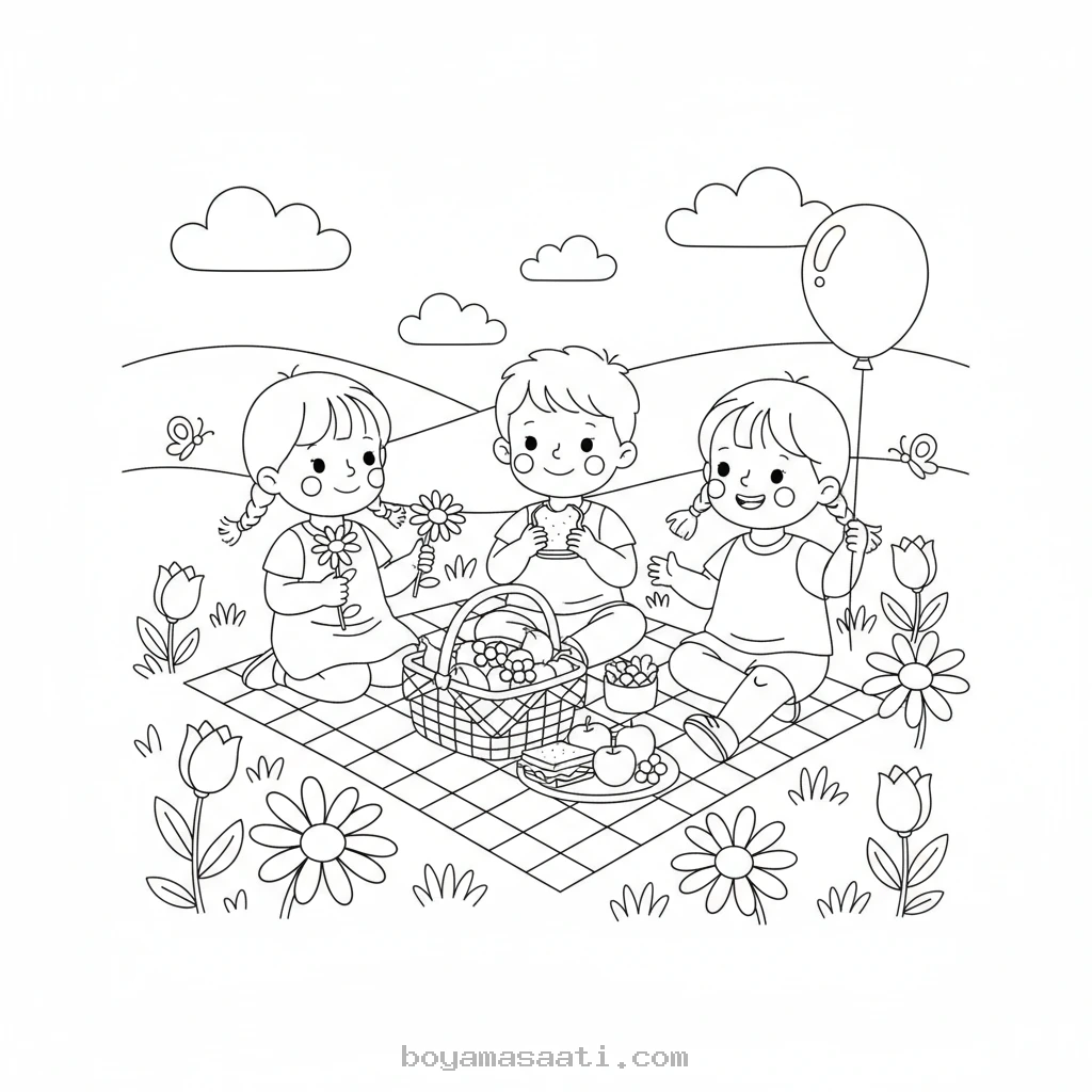 Çiçek Tarlasında Piknik Yapan Çocuk Boyama Sayfası