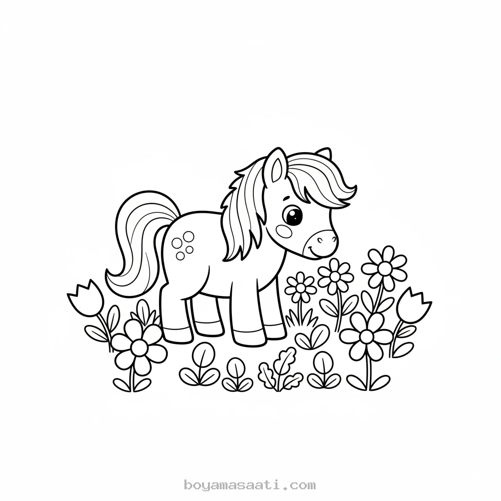 Çiçekler arasında otlayan pony boyama sayfası