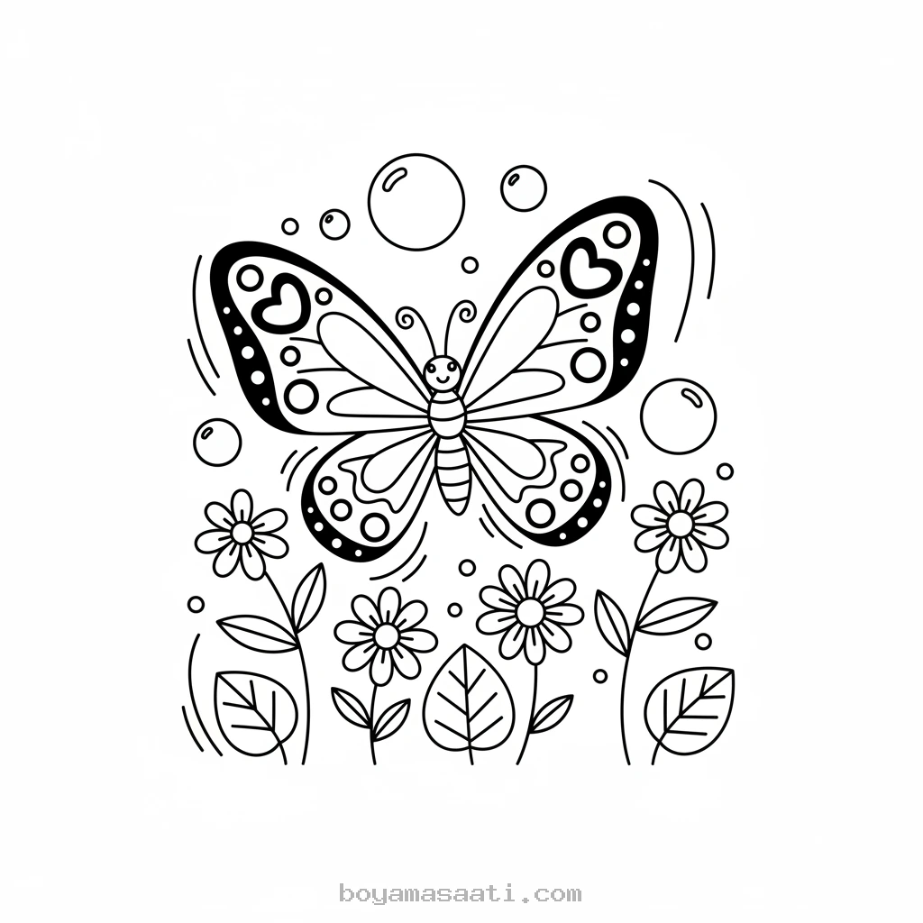 Uçan Kelebek Çiçekler Arasında Boyama Sayfası