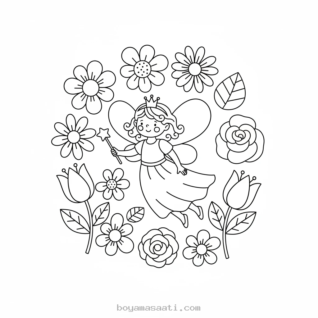 Çiçekler arasında uçan peri boyama sayfası