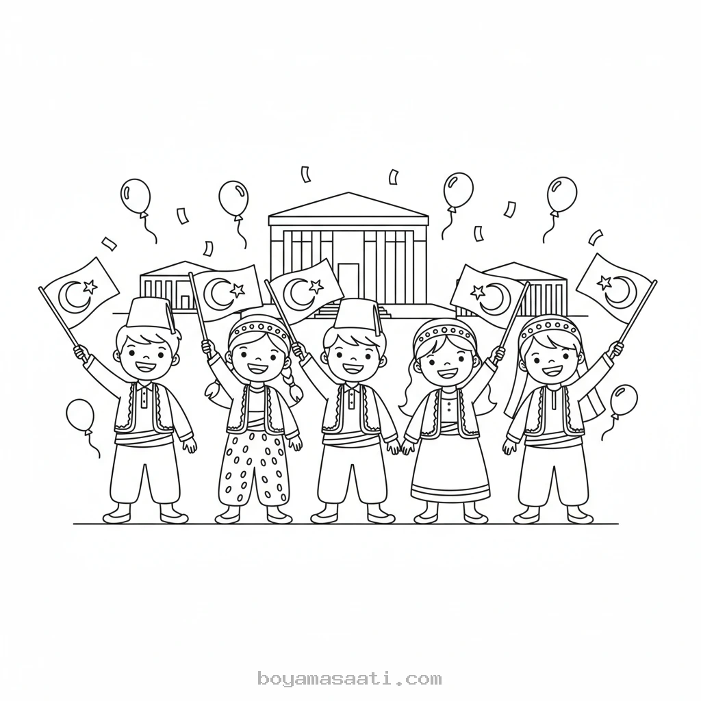 Cumhuriyet kutlayan minik kahramanlar boyama sayfası