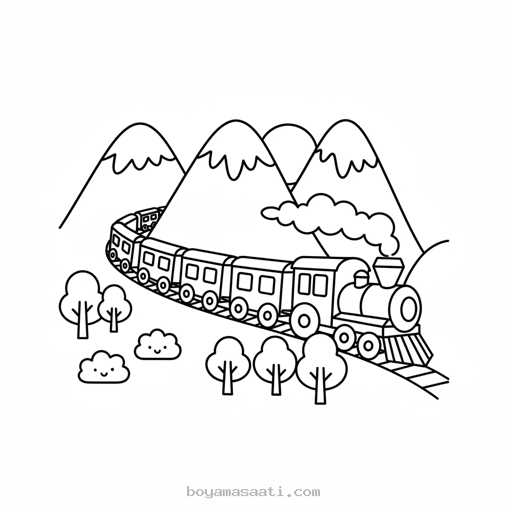 Dağlardan geçen uzun tren boyama sayfası