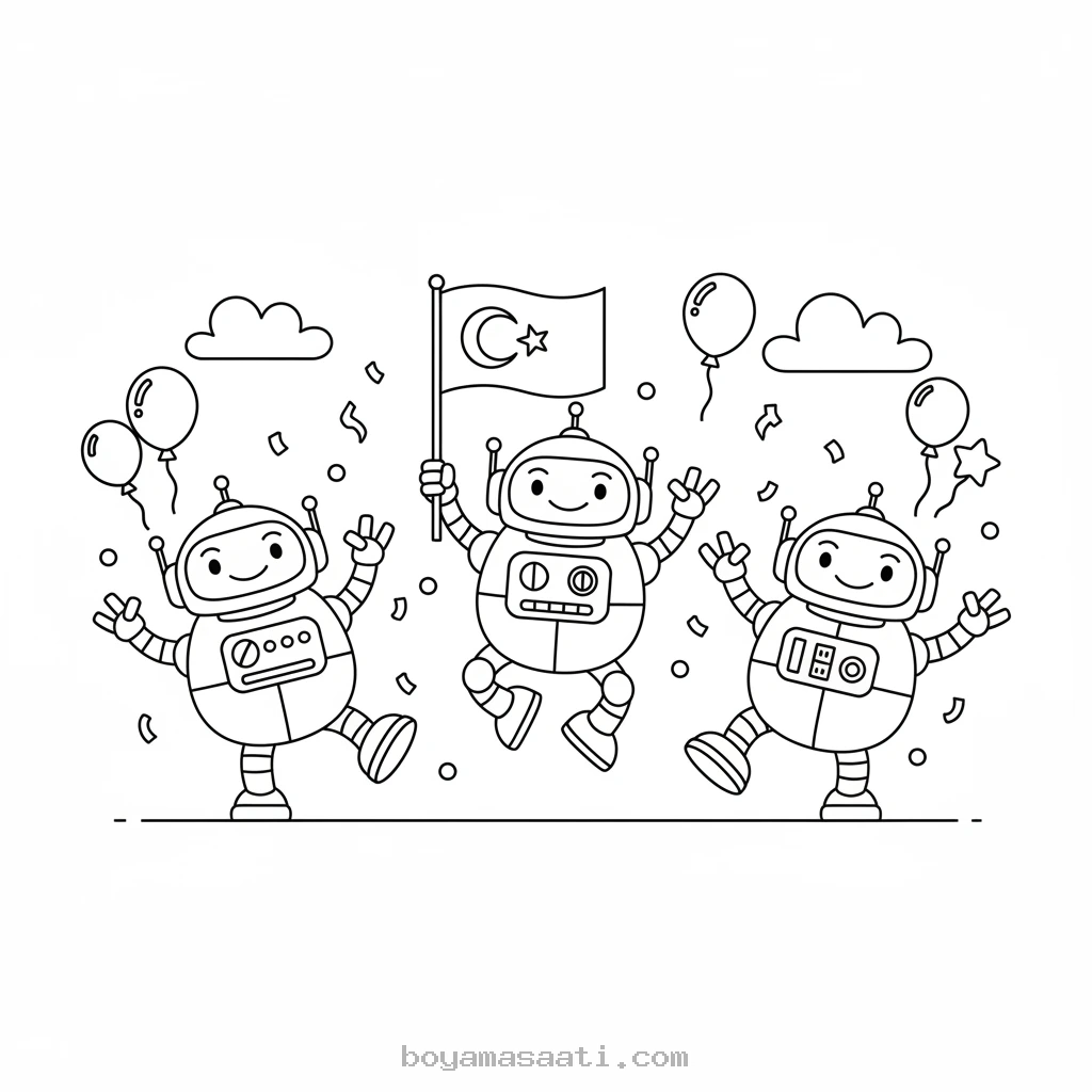 Sevimli Neşeli Robotlar Resimleri Boyama Sayfası