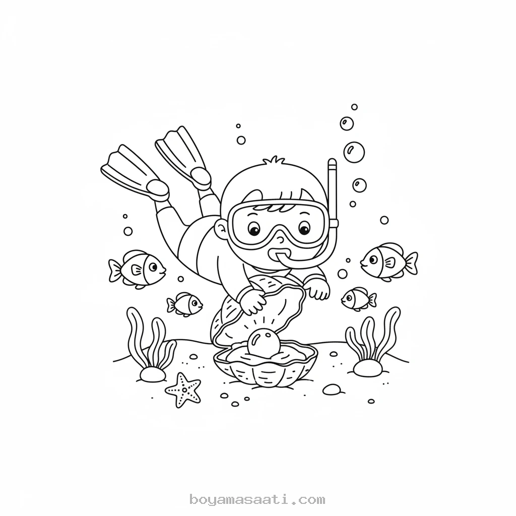 Deniz altında inci avlayan minik boyama sayfası