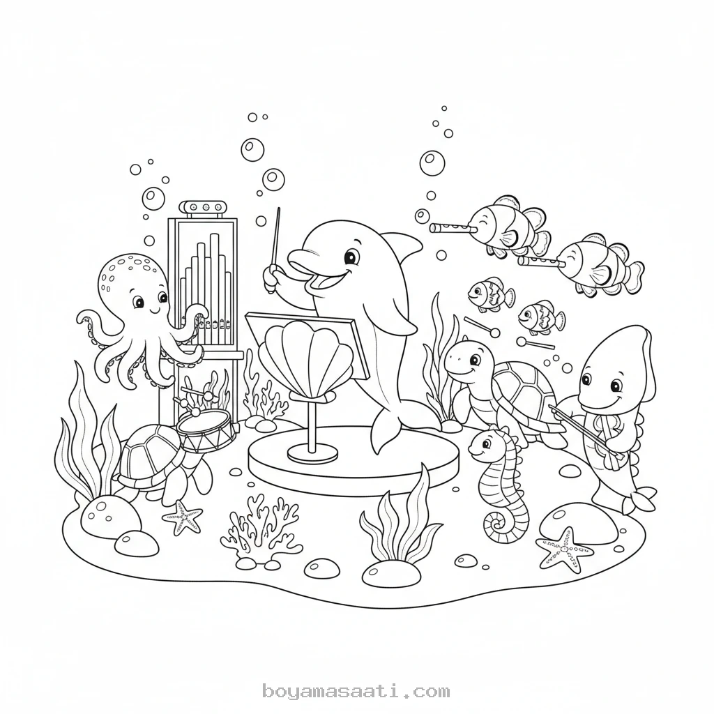 Denizaltı Orkestrası Müzik Aletleri Boyama Sayfası