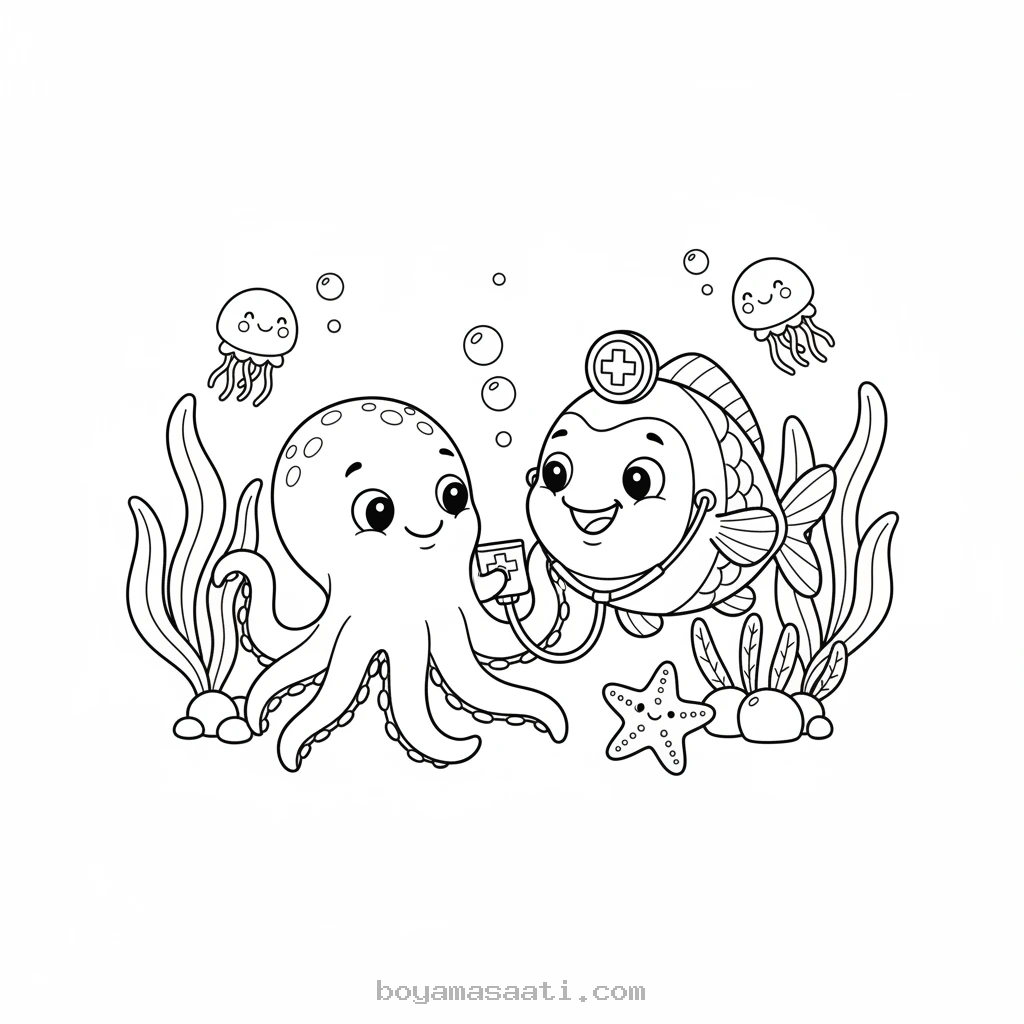 Denizaltında yaşayan minik canlılar boyama sayfası