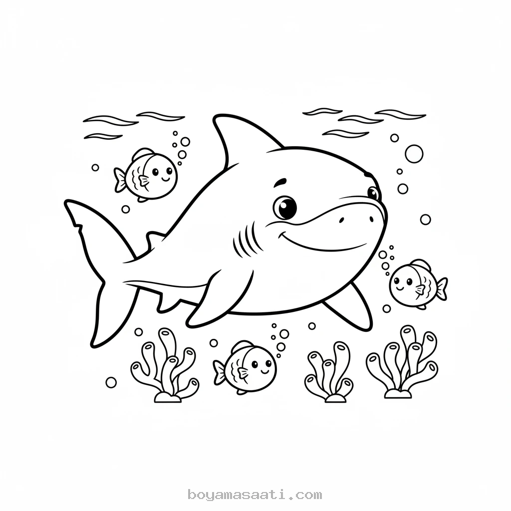 Denizde yüzen sevimli köpek balığı boyama sayfası