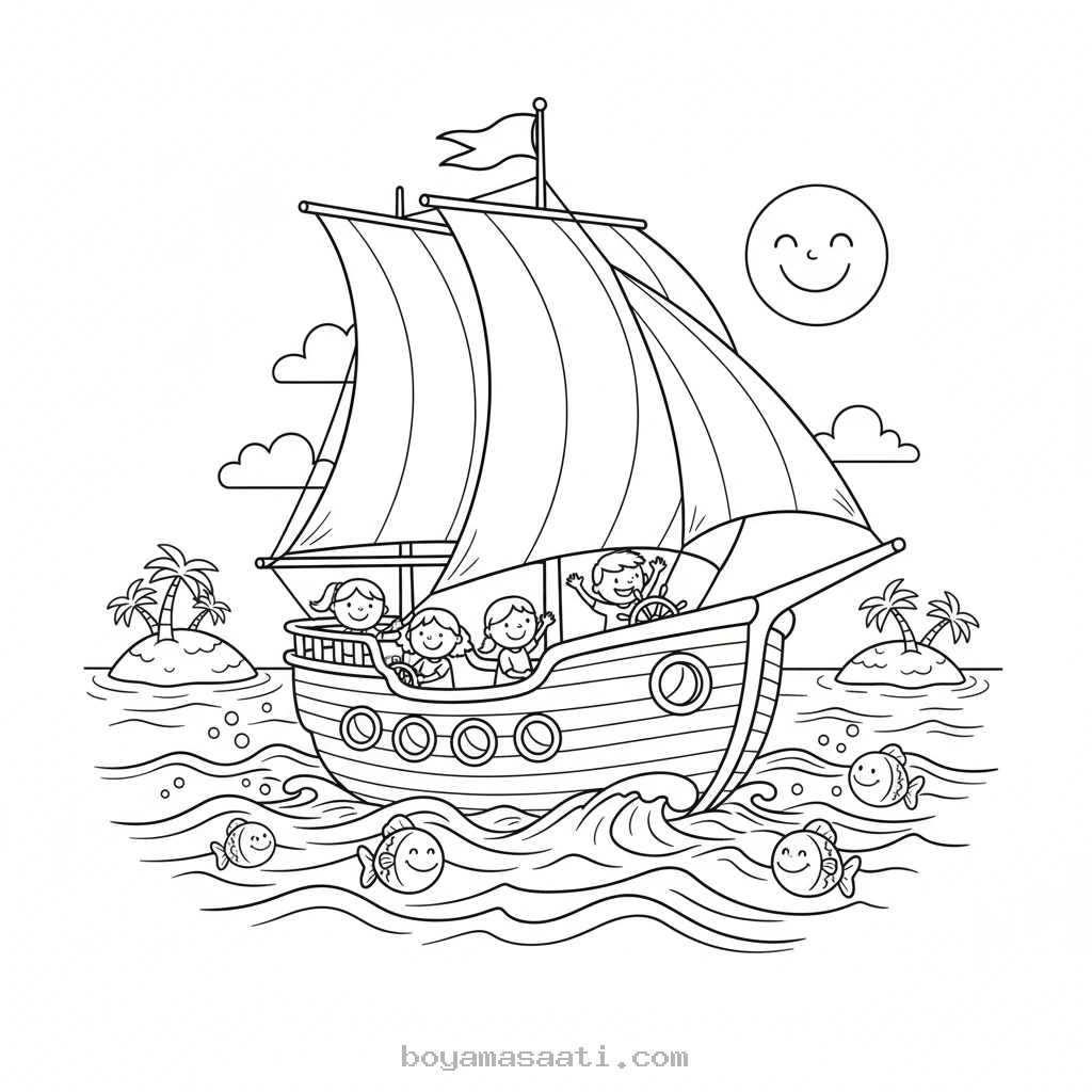 Denizde yüzen yelkenli gemi boyama sayfası