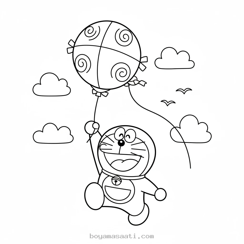 Doraemon uçurtma uçururken boyama sayfası