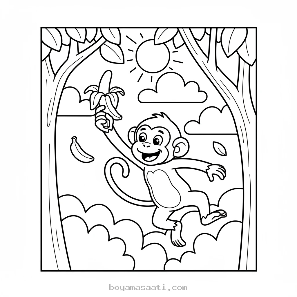 Enerjik maymun renkli dallarda oynuyor boyama sayfası