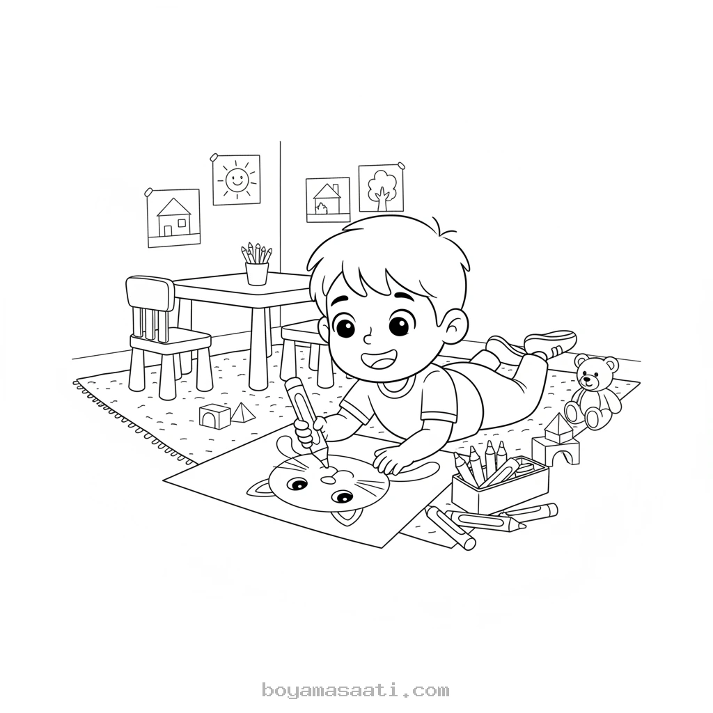 Evde çizim yapan çocuk boyama sayfası