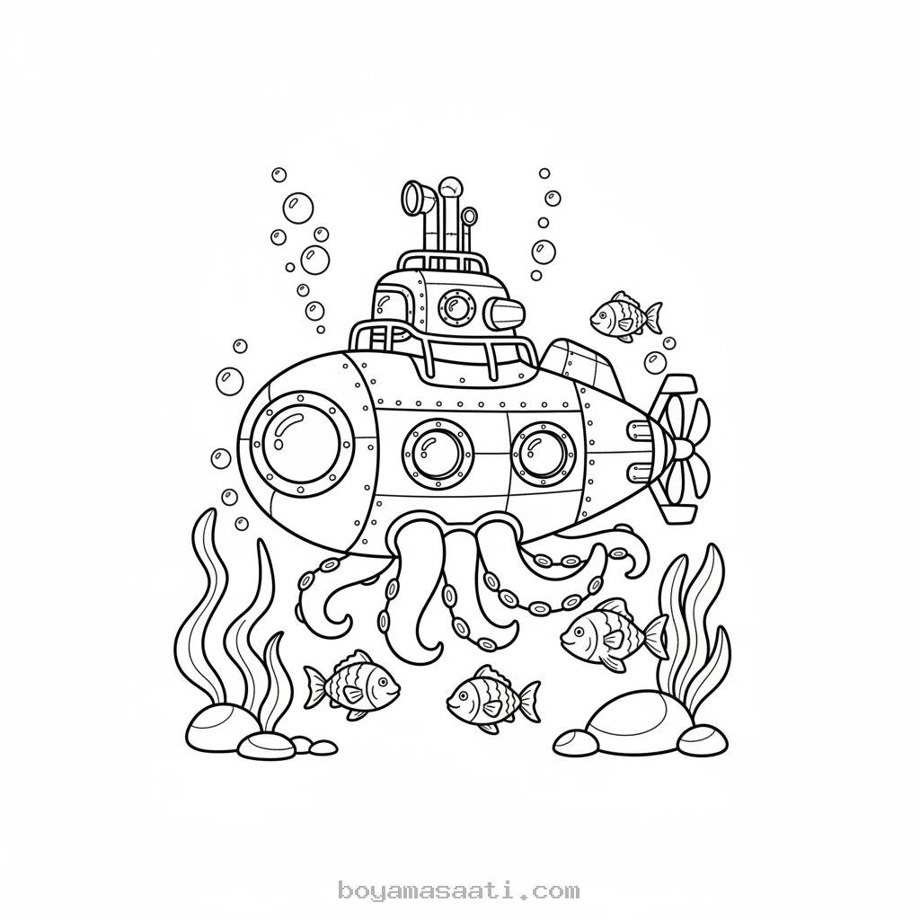 Gizemli denizaltı gemisi çocuk boyama sayfası