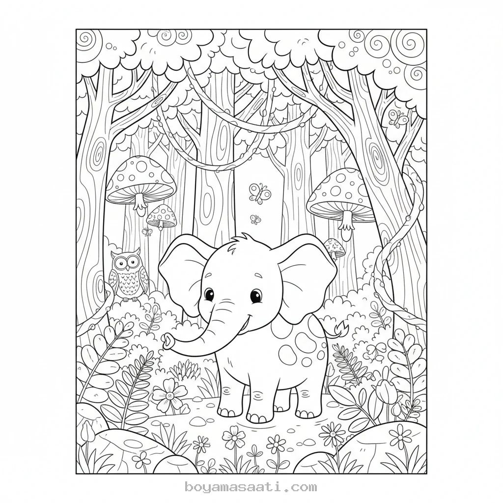 Gizemli Ormanda Dolaşan Fil Boyama Sayfası