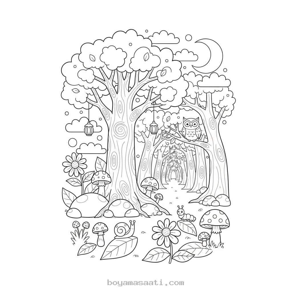 Gizemli ormanda keşif boyama sayfası