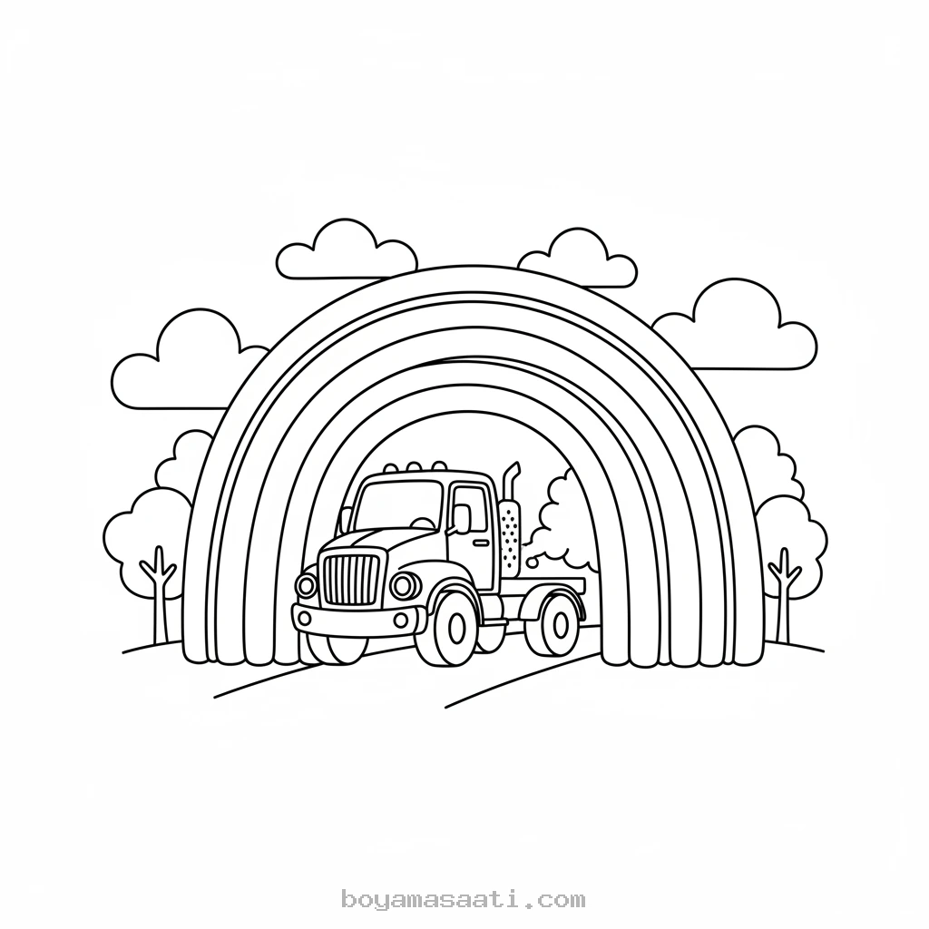 Gökkuşağı tünelinden geçen kamyon boyama sayfası