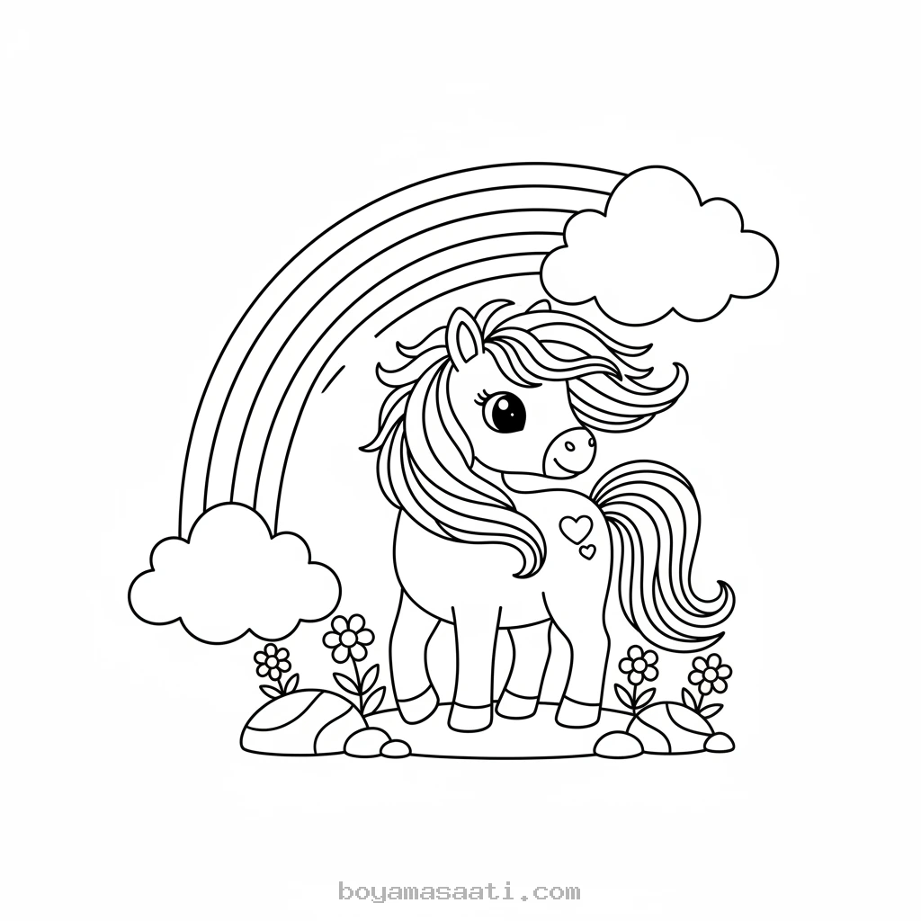 Gökkuşağı üzerinde koşan at boyama sayfası