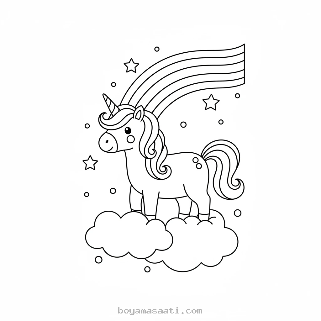 Gökkuşağı üzerinde uçan unicorn boyama sayfası