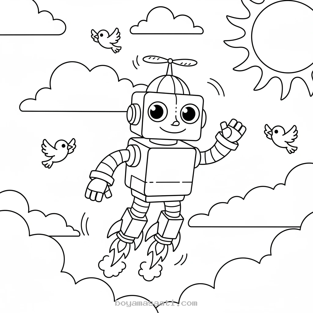 Gökyüzünde süzülen robot boyama sayfası
