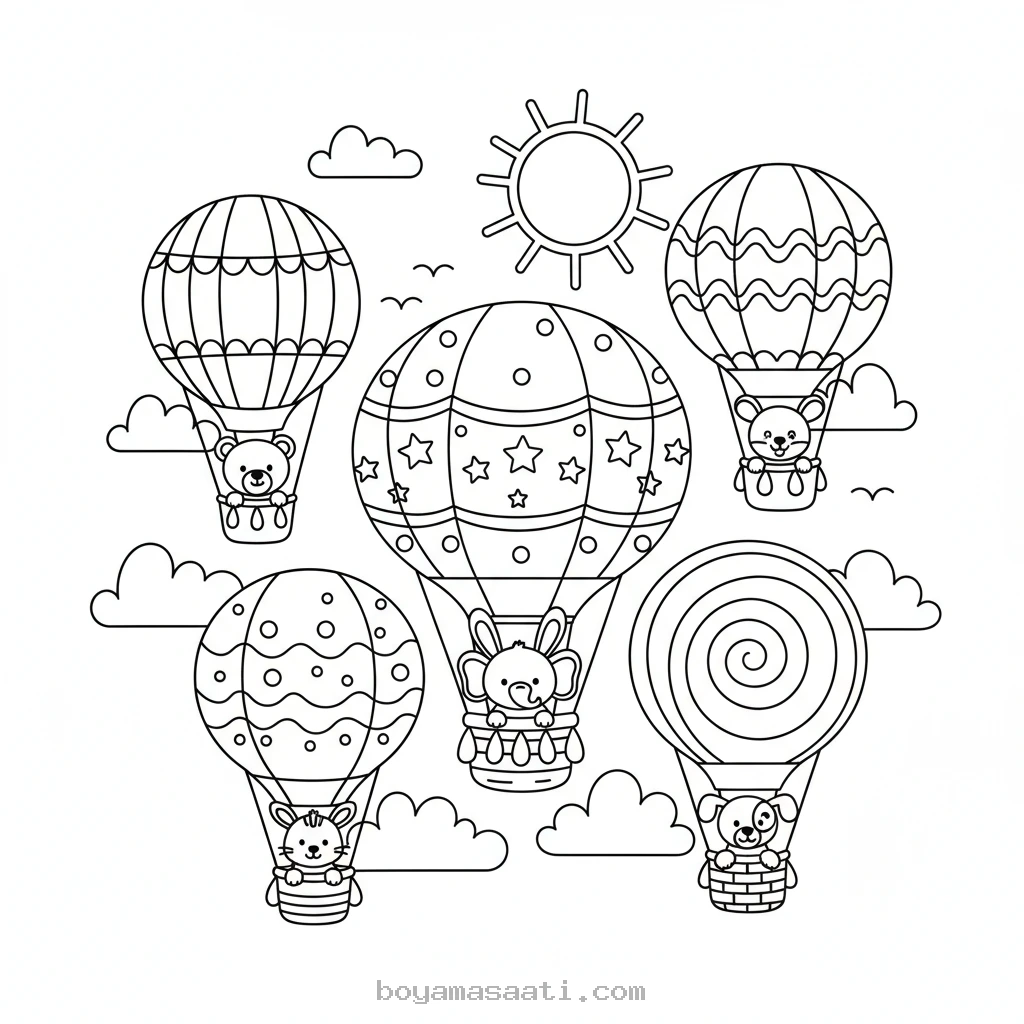 Gökyüzünde uçan rengarenk balon boyama sayfası