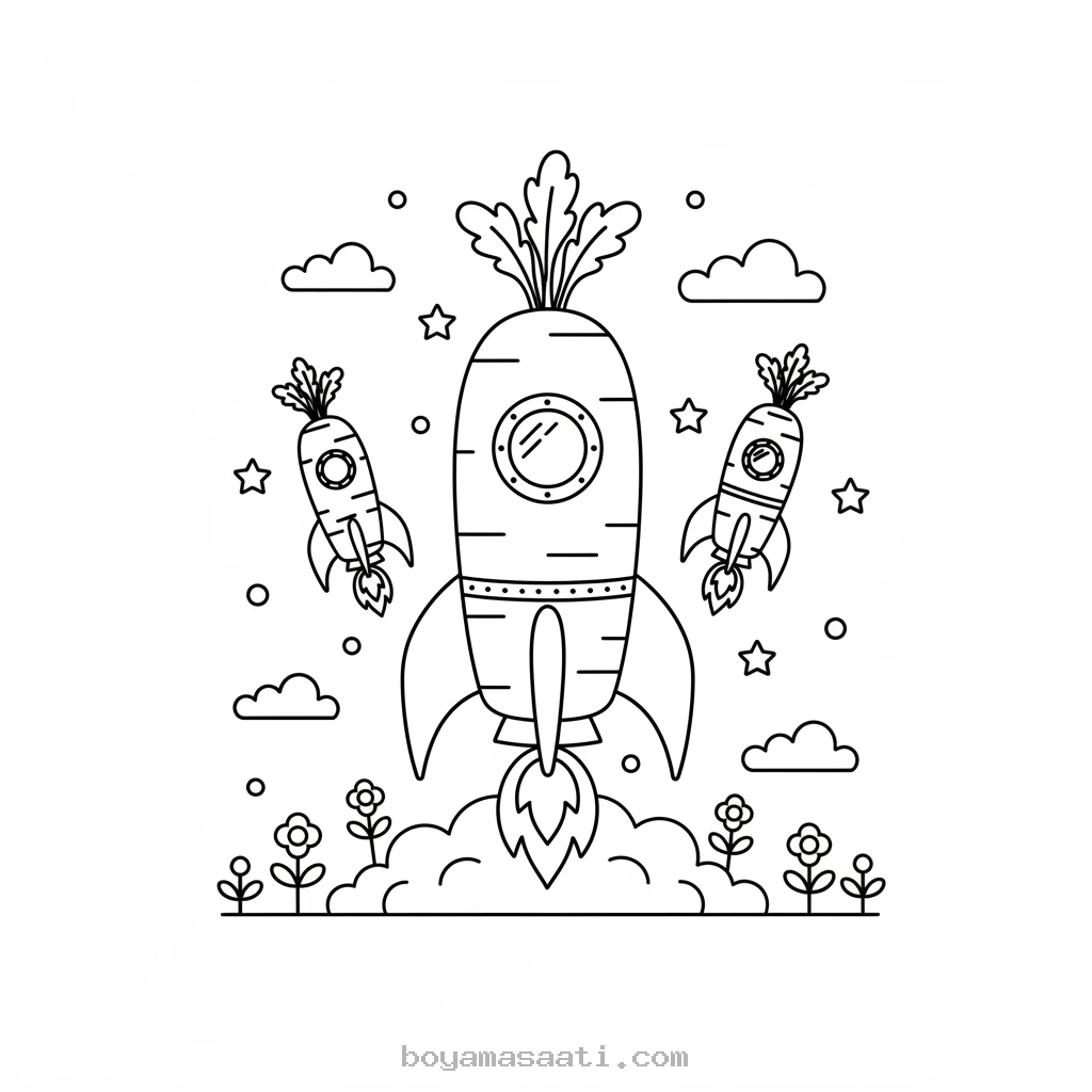 Gökyüzünde uçan havuç roketi boyama sayfası