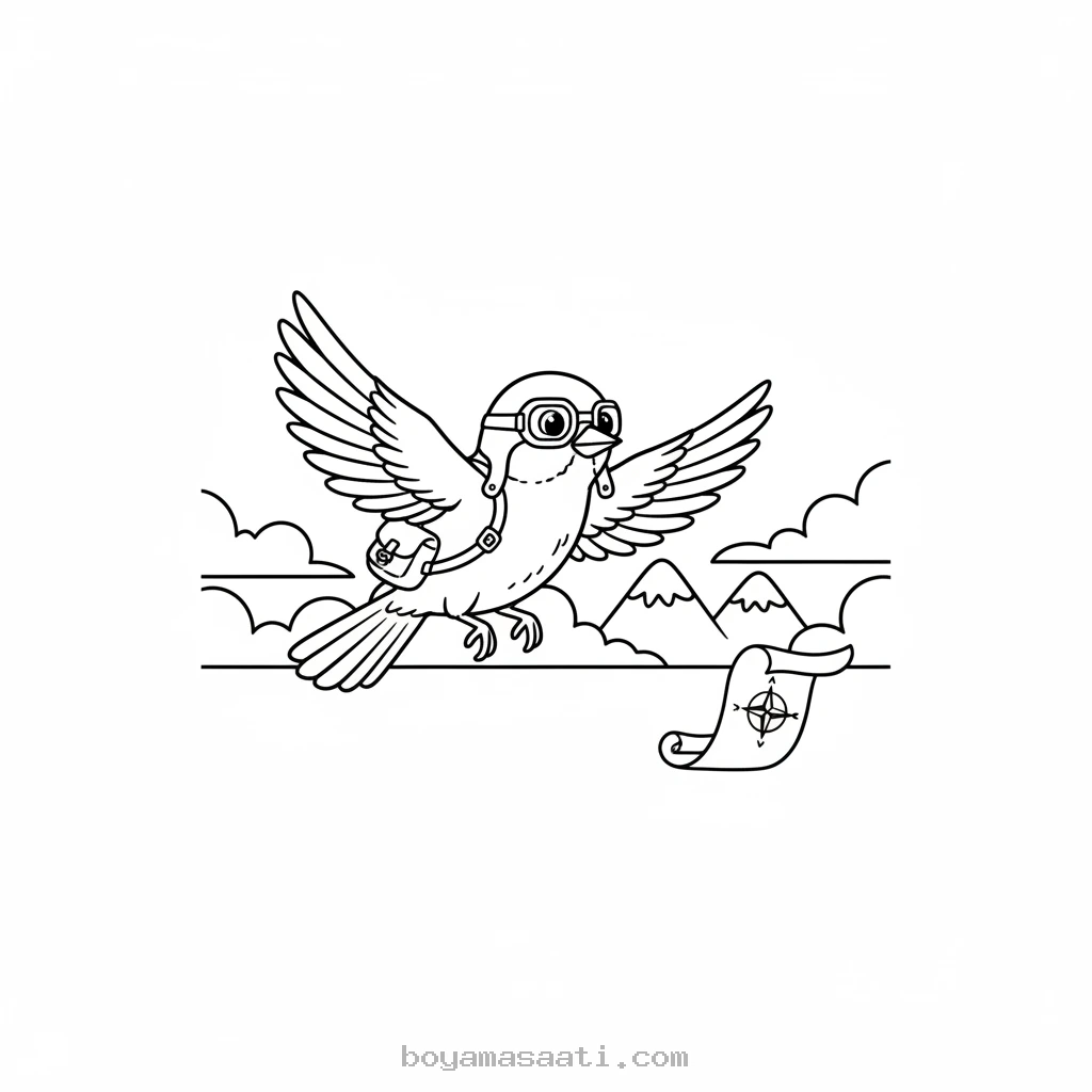 Gökyüzünde uçan maceracı serçe boyama sayfası