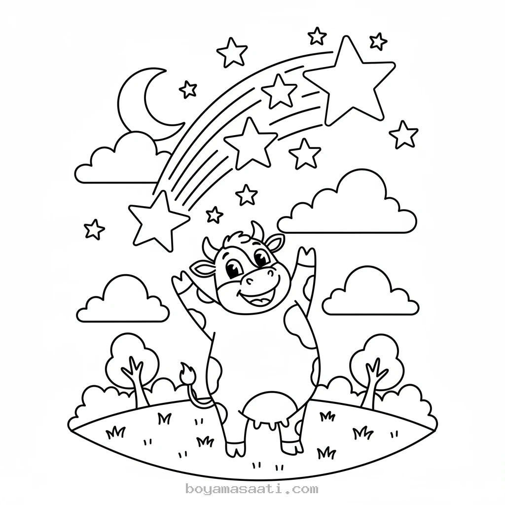 Gökyüzüne yıldız fırlatan inek boyama sayfası