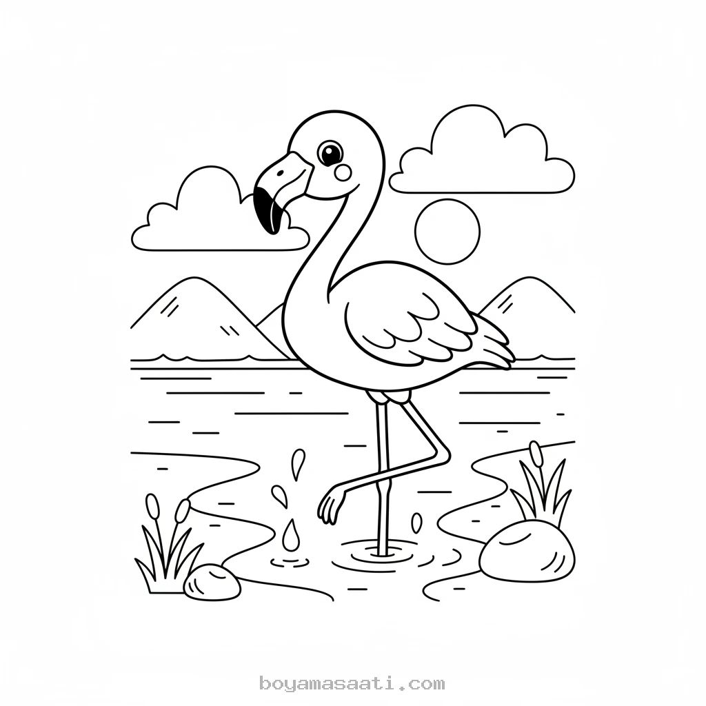 Göl kenarında duran flamingo boyama sayfası
