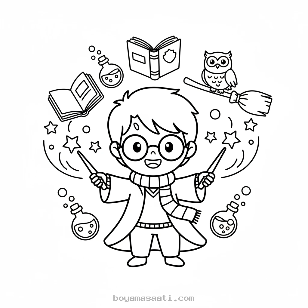 Harry Potter asasıyla büyü yapıyor boyama sayfası