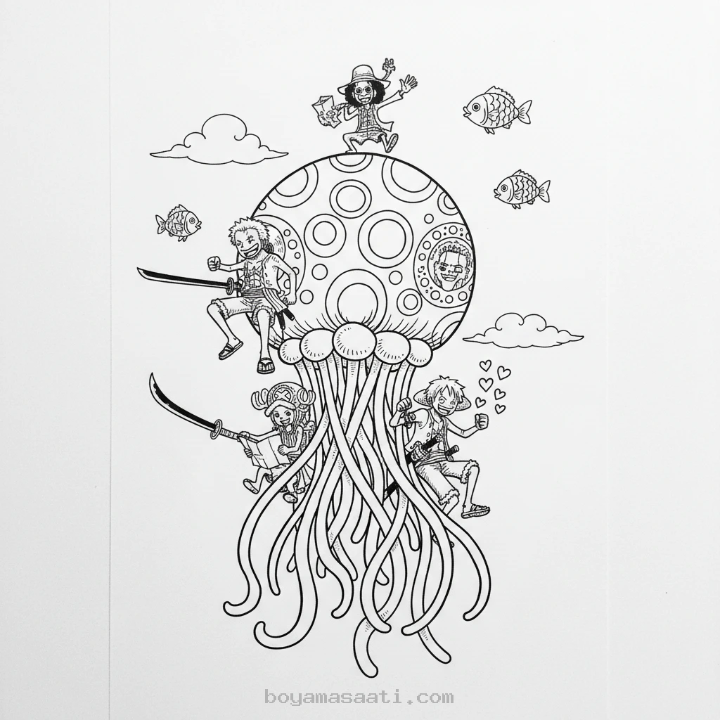 One Piece tayfası denizanası balon boyama sayfası