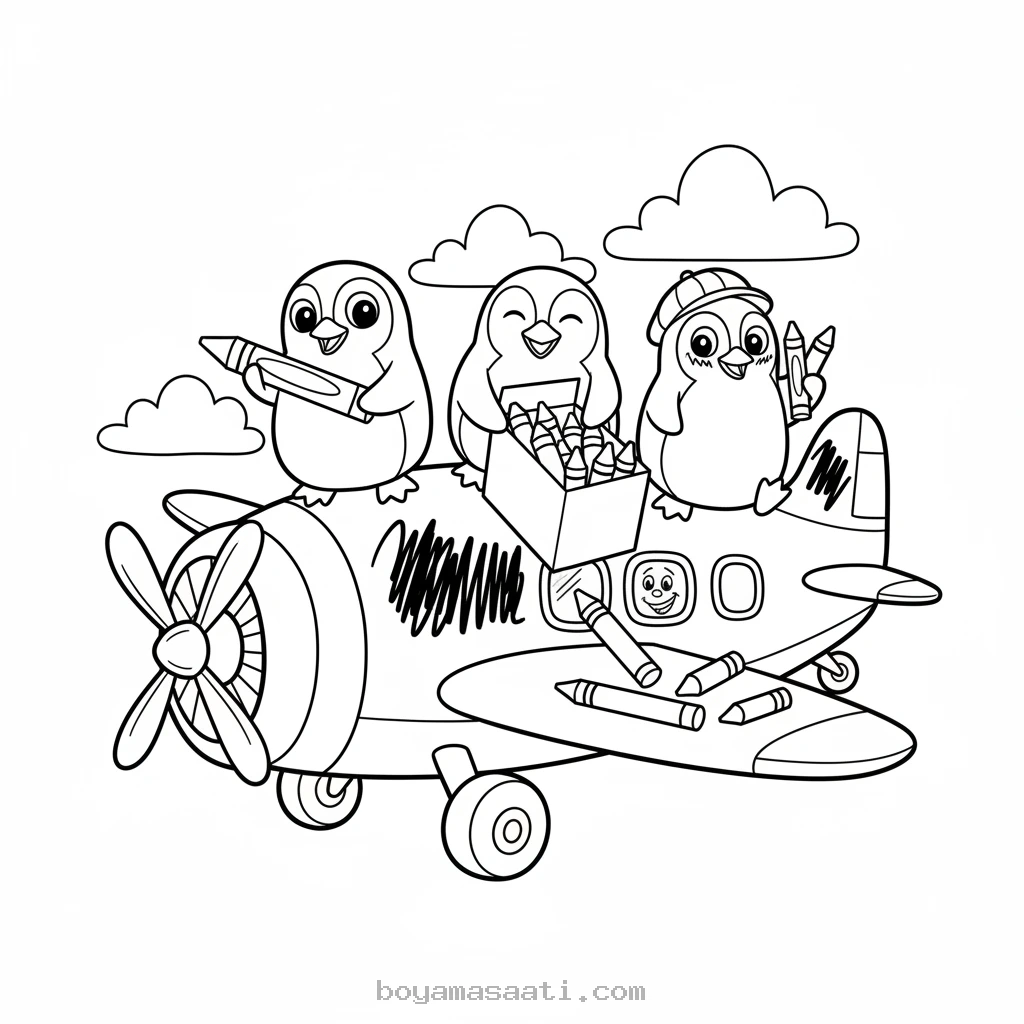 Pastel boyalarla oynayan penguenler boyama sayfası