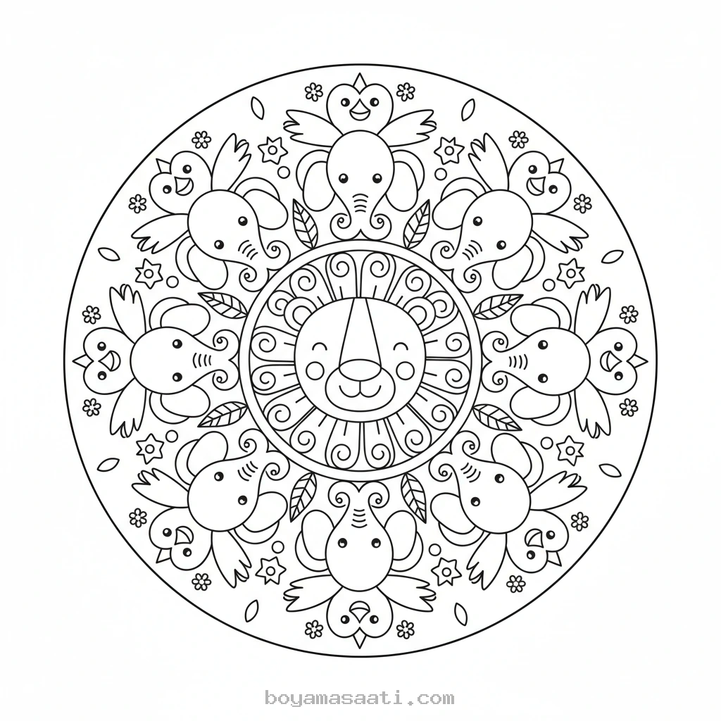 Hayvan desenli kolay mandala boyama sayfası