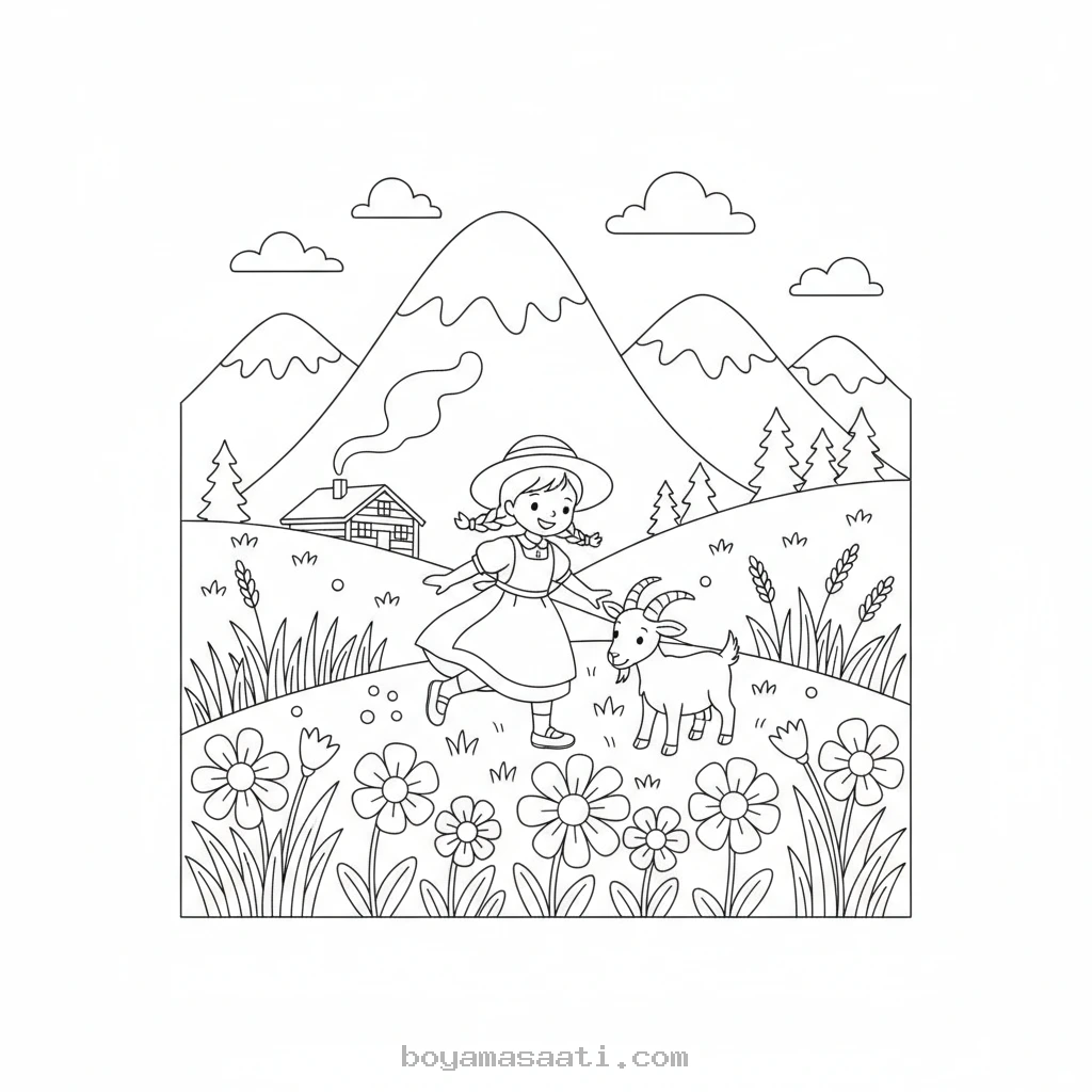 Heidi Alp Dağında keçi otlatıyor boyama sayfası