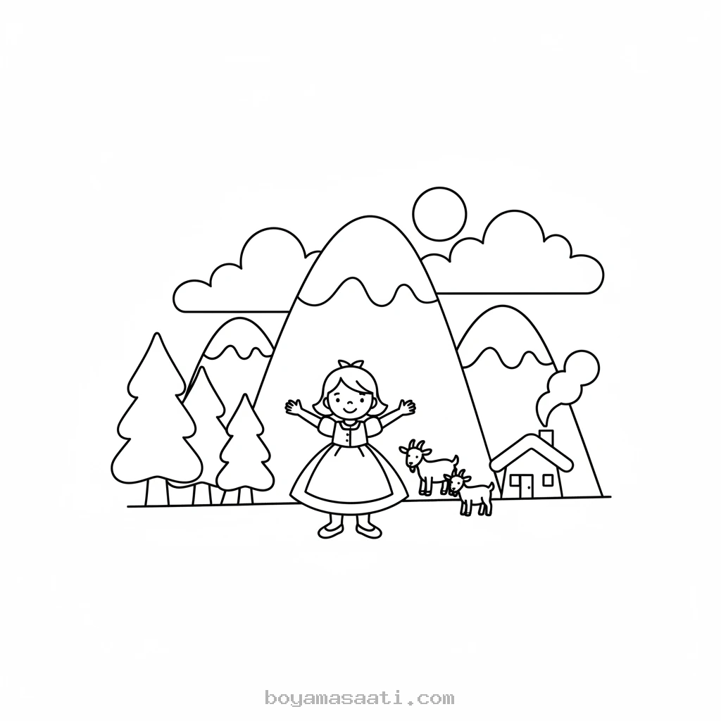 Heidi Alp Dağları manzarası boyama sayfası