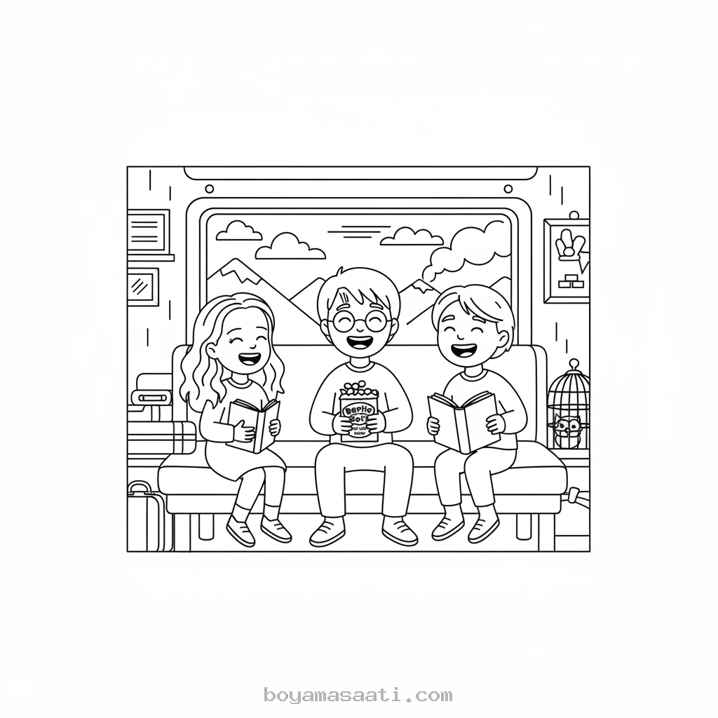 Hogwarts Ekspresinde neşeli karakterler boyama sayfası