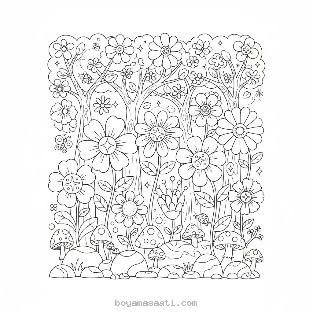 Işıltılı Çiçeklerin Dans Ettiği Bahçe boyama sayfası