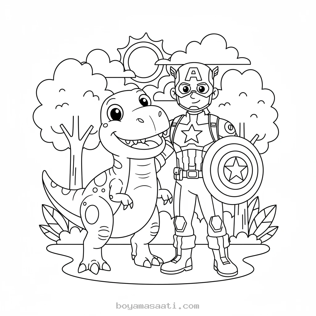 Kaptan Amerika dost canlısı dinozor boyama sayfası
